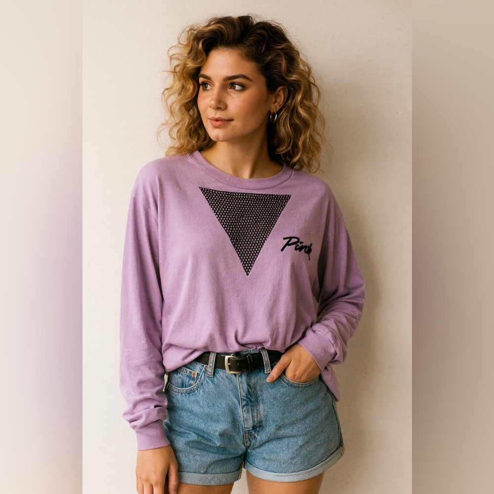 VS Pink 80s Retro Lavender Mesh Accent Long Sleeve Oversized XS/Small